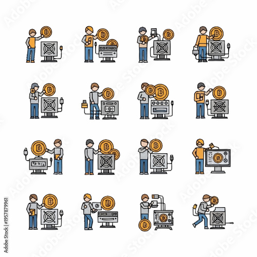 People interacting with computers and cryptocurrency in various scenarios.