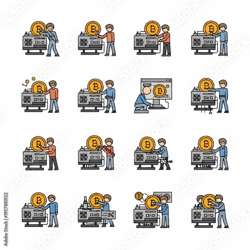 People mining and interacting with large bitcoin coins and cryptocurrency mining rigs.