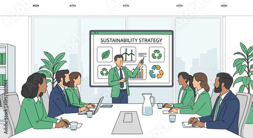 Business team meeting about sustainability strategy presentation in office