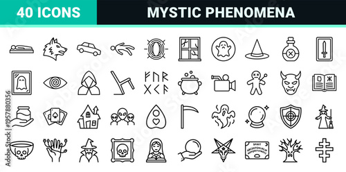Paranormal Activity and Occultism Minimalist Monoline Icon Set featuring Geometric Line Art Symbols for Supernatural Research.