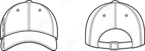 Baseball cap technical sketch vector, front and back view of blank dad hat mockup for fashion design