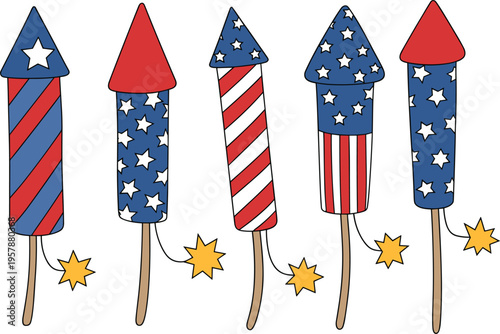 Patriotic firework rockets vector set, 4th of July pyrotechnics with stars and stripes for independence day celebration