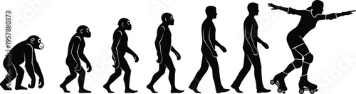 Evolution of Man Silhouette Set with Ape to Human Progress, Final Stage Roller Skating Woman, Funny Darwinism Vector, Human Development Concept