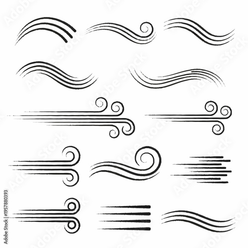 Set of stylized wind and speed line illustrations.