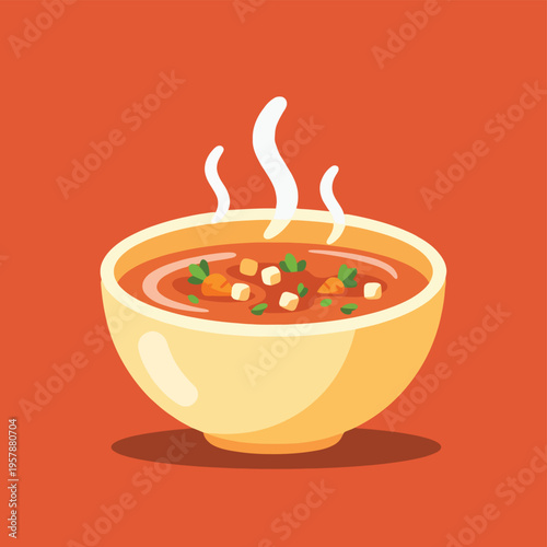 Flat Illustration of Delicious Hot and Steaming Bowl of Soup Meal