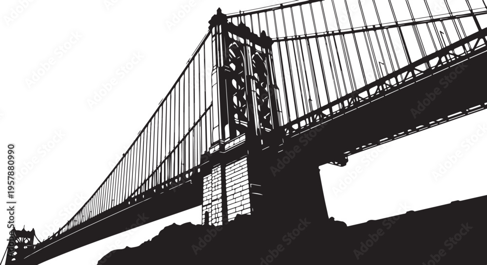 Fototapeta premium Iconic Suspension Bridge Silhouette Against White Background Closeup View