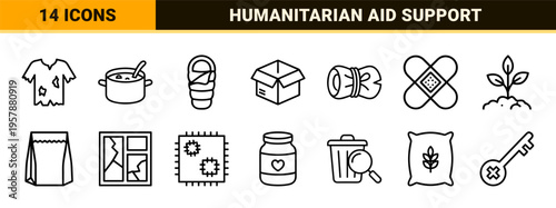 Poverty and Social Welfare Outline Icon Set featuring Minimalist Monoline Geometric Line Art for Humanitarian and Charity Organizations