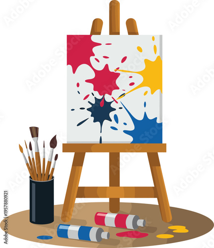 Artist easel with canvas and paint splatters vector, art studio setup with brushes and paint tubes for creative design