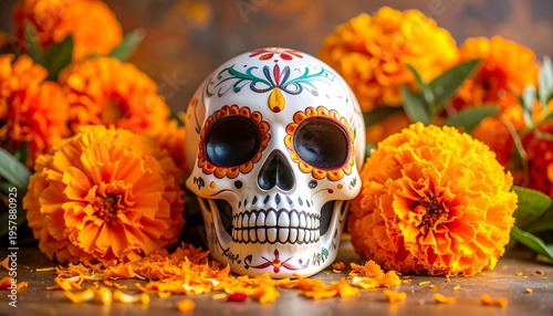 Wallpaper Mural Decorated Sugar Skull Surrounded by Vibrant Marigold Flowers. Torontodigital.ca