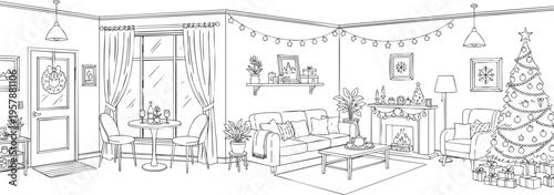 Cozy Christmas Living Room Interior Coloring Page Illustration