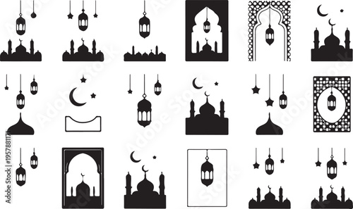 Black and white illustrations of mosques and lanterns for Ramadan or Eid celebrations