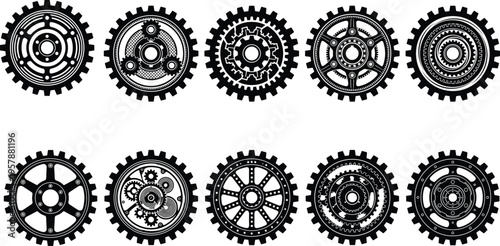 Gear silhouette collection, steampunk cogwheels set, industrial machine parts, mechanical engineering icons, vector technical illustration, isolated on white background, clockwork elements