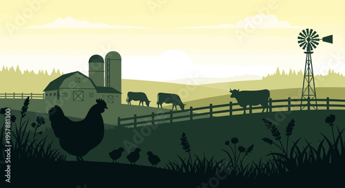 Flat Vector Illustration of a Rural Farm Landscape with Silhouettes of Cows, Chicken, Barn, and Windmill at Sunrise