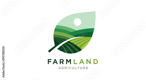 Farmland Agriculture Logo: Minimalist Green Leaf with Rolling Hills and Sun Landscape Design for Sustainable Farming and Eco-Friendly Businesses