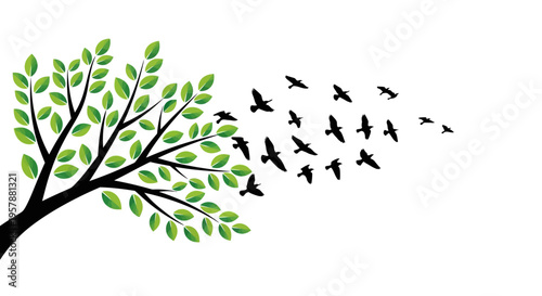 Conceptual Illustration of Birds Flying Away from a Tree Branch with Green Leaves on White Background