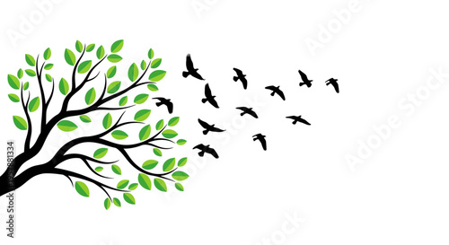 Minimalist Tree Branch with Green Leaves and Silhouette Birds Flying Away, Nature Migration and Freedom Concept Vector Illustration on White Background
