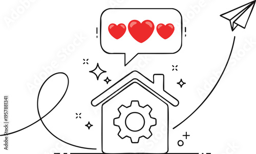Home maintenance service icon with hearts and paper plane line art