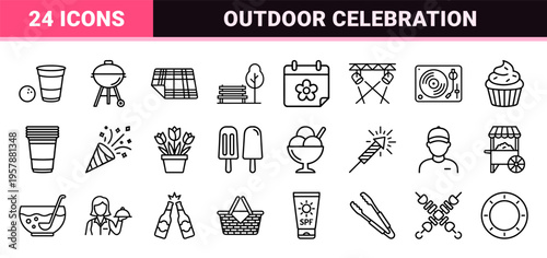 Spring Party and Outdoor Celebration Linear Icon Set. Minimalist Monoline Symbols for Festivals, Picnics, and Garden Events Design.