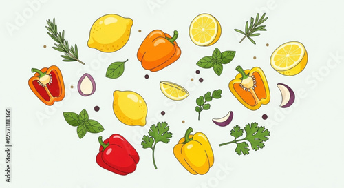 Colorful bell peppers lemons herbs and spices floating on white background illustrating fresh ingredients for healthy cooking and recipe