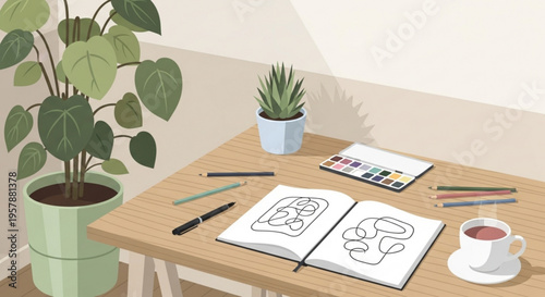 Creative workspace with plants coloring book and coffee on wooden desk for relaxation and artistic expression indoors