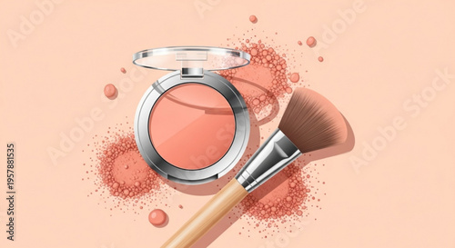 Blush makeup with brush and powder on peach background for beauty routine and cosmetics