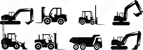 Silhouette construction vehicles set, heavy machinery equipment, excavators and forklifts, industrial transport icons, dump truck illustration, isolated black machinery graphics