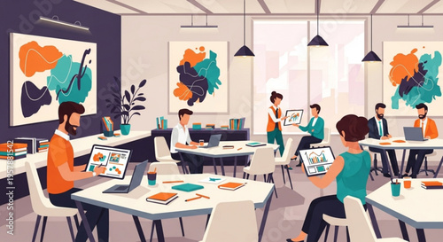 People working on laptops in modern office space with colorful artwork and plants