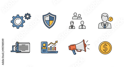 Set of business and financial icons illustrating concepts like growth and security
