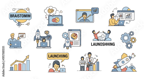 Set of illustrations depicting the concept of business start up and growth