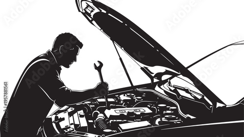 Mechanic working under car hood with wrench in hand