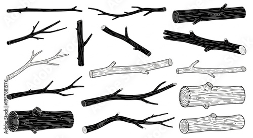 Assorted Twigs and Logs - Hand-Drawn Wood Elements Collection.