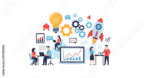 Startup business concept illustration of teamwork idea generation and success