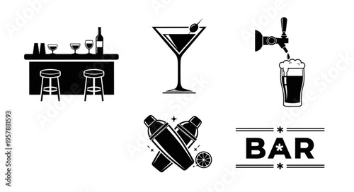 Bar and Cocktail Icons - Bar Counter, Martini, Beer Tap, Shakers, and Bar Sign.