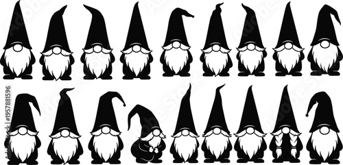 Gnome silhouette collection, garden tomte set, nordic dwarf icons, christmas gonk vector illustration, fairy tale characters, isolated white background, mythical creatures