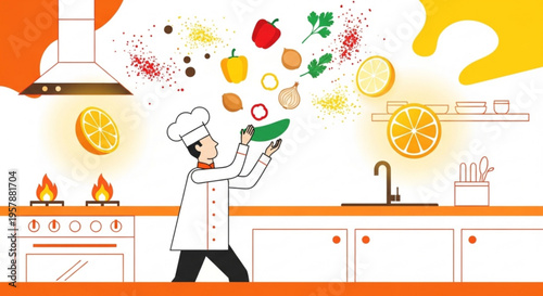 Chef tossing vegetables in a vibrant kitchen with stove sink and utensils