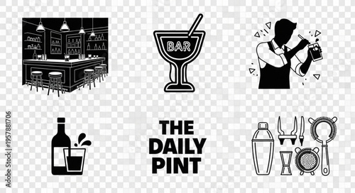 Collection of Bar and Cocktail Themed Graphic Illustrations.