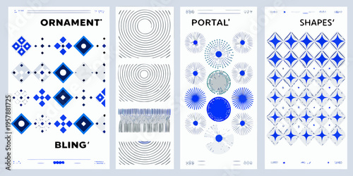 Four vertical smartphone screen designs with abstract blue ornamentation