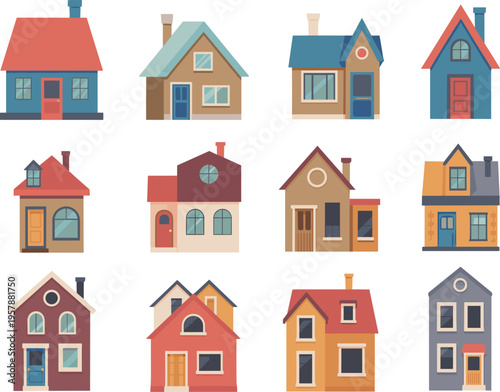 Small house vector set, colorful cartoon suburban home icons for real estate and neighborhood design