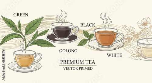 Premium tea types green black oolong white steaming cups on saucers with leaves