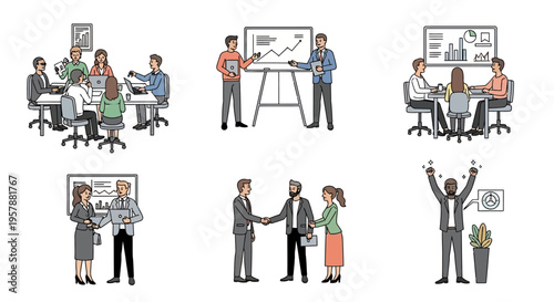 Diverse business team collaboration and success in various meeting scenarios