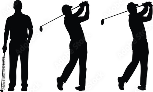 Golfer silhouette set with professional player standing and swinging golf club, sports silhouettes for outdoor leisure activity, tournament and championship.