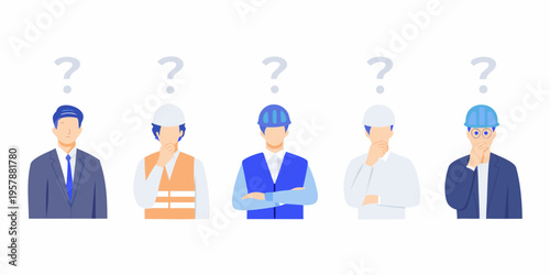 Diverse construction workers pondering with question marks above their heads