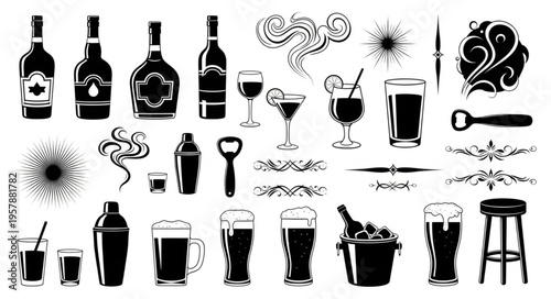 Collection of Black and White Bar and Drink Illustrations.