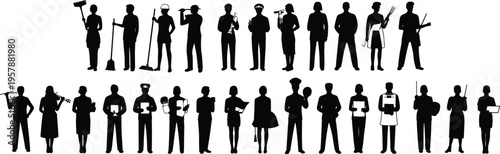 Silhouette workers standing, various professions, diverse occupations group, career roles, job industry people, professional tools, uniformed staff, isolated black figures illustration