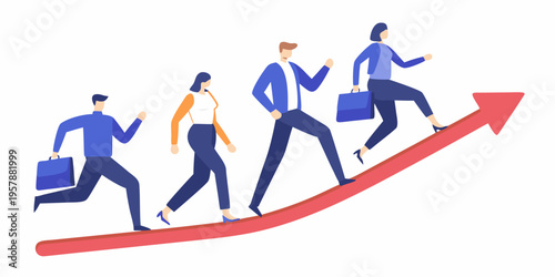 Business professionals running up a red arrow symbolizing growth and success