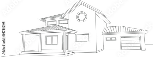 Modern house exterior line art vector, suburban family home architectural sketch for real estate and construction