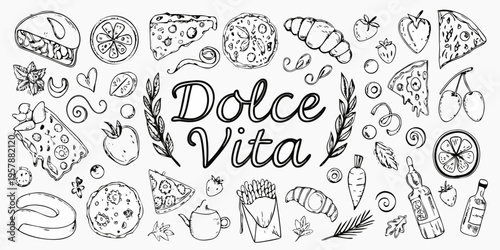 Hand drawn illustration of various foods and the phrase dolce vita