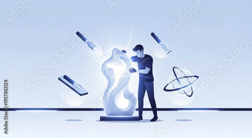 Man examines glowing liquid test tube with floating lab equipment in modern lab setting