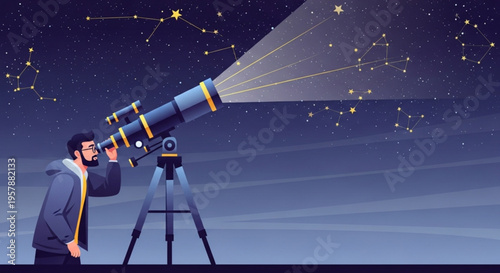 Man looking through telescope at night sky with stars and constellations