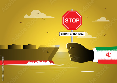 Hand with Iran Flag Sleeve Holding Stop Sign in Front of Oil Tanker